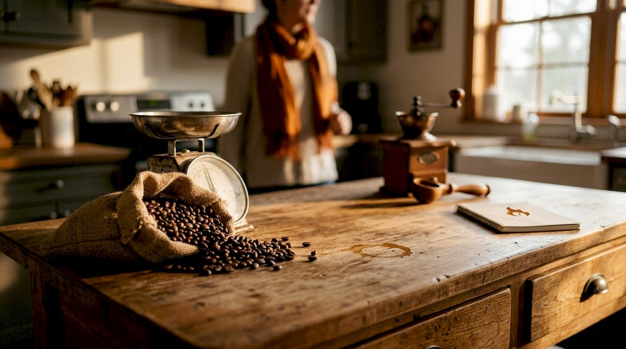 Jar of whole bean coffee on kitchen counter