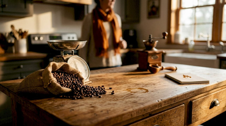 Jar of whole bean coffee on kitchen counter