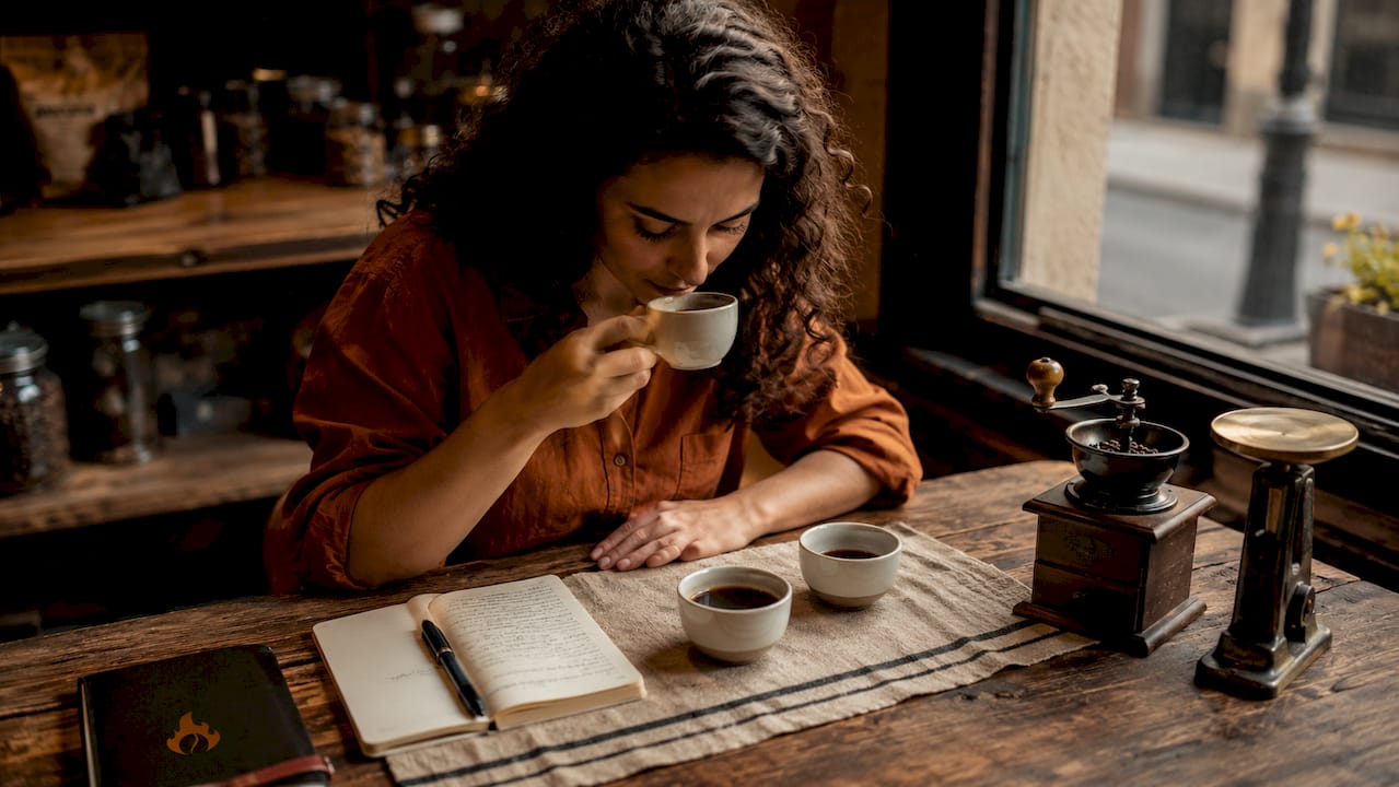 Woman tasting specialty coffees at home table