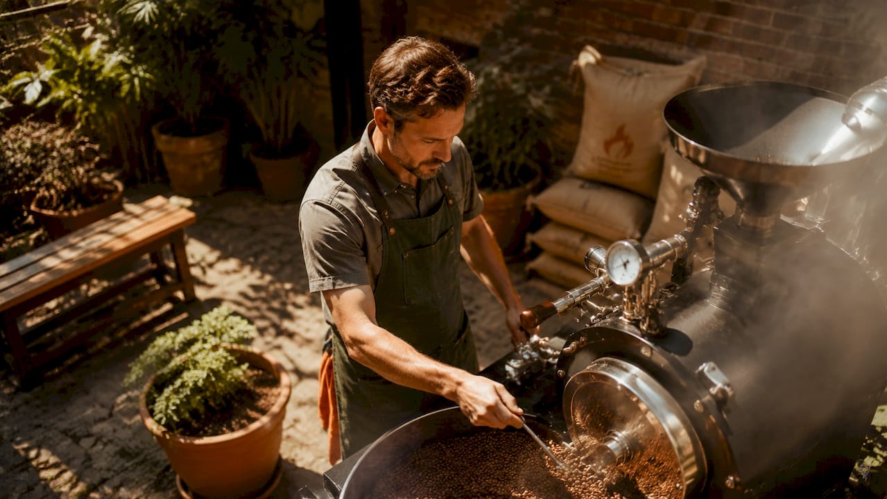 Coffee roaster monitoring roasting drum in rustic roastery