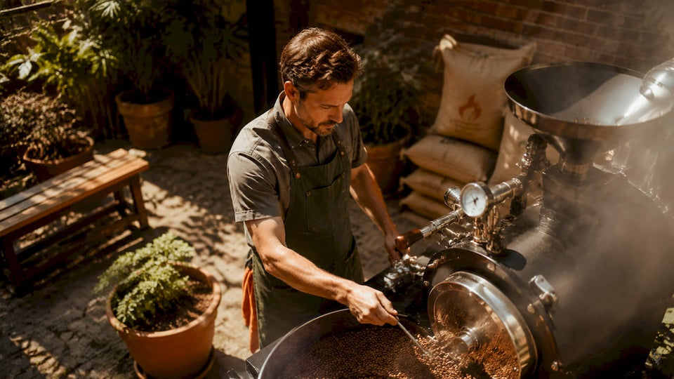 Coffee roaster monitoring roasting drum in rustic roastery