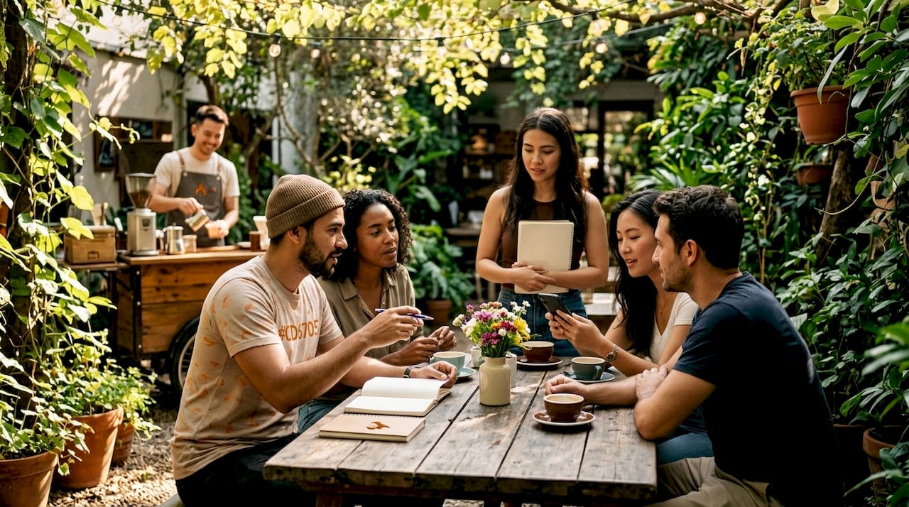 Group discussing coffee brand community