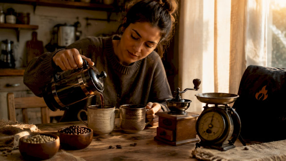 Woman tasting light and dark roast coffee at kitchen island