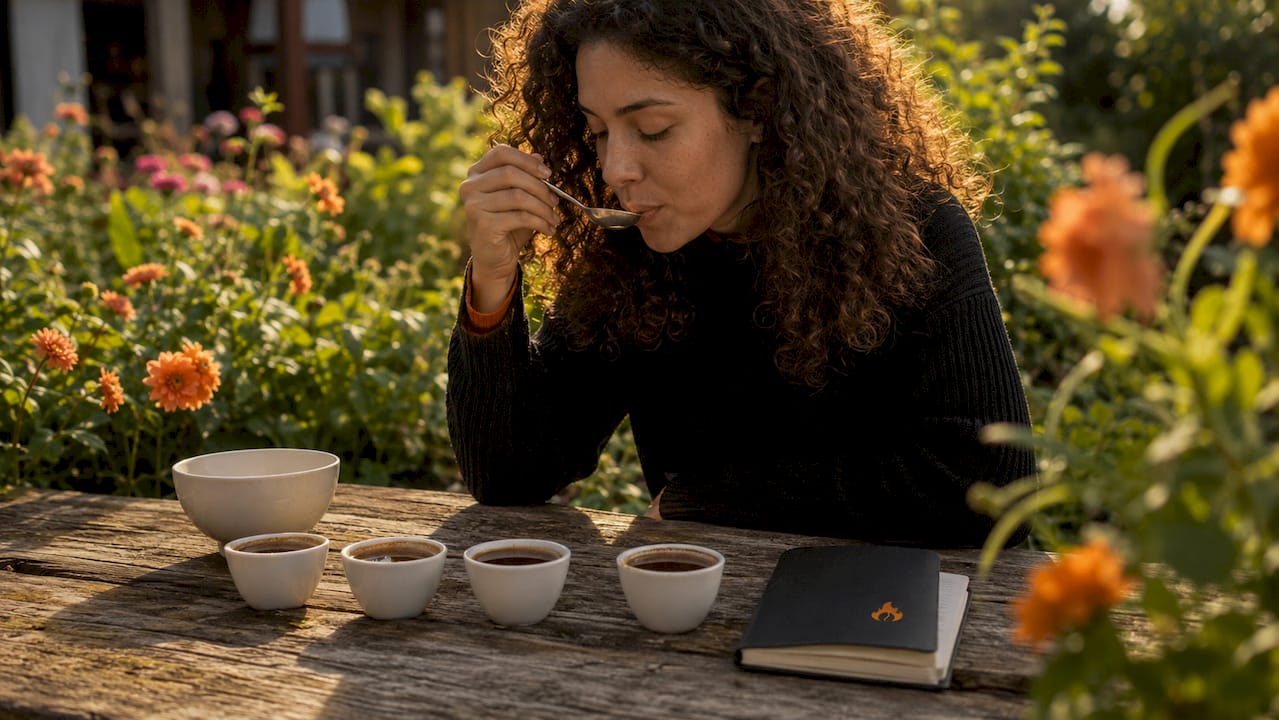 Woman tasting coffee in cupping session