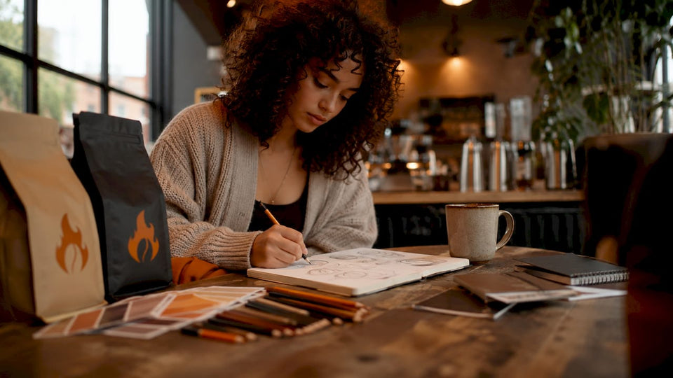 Entrepreneur designing custom coffee branding at desk