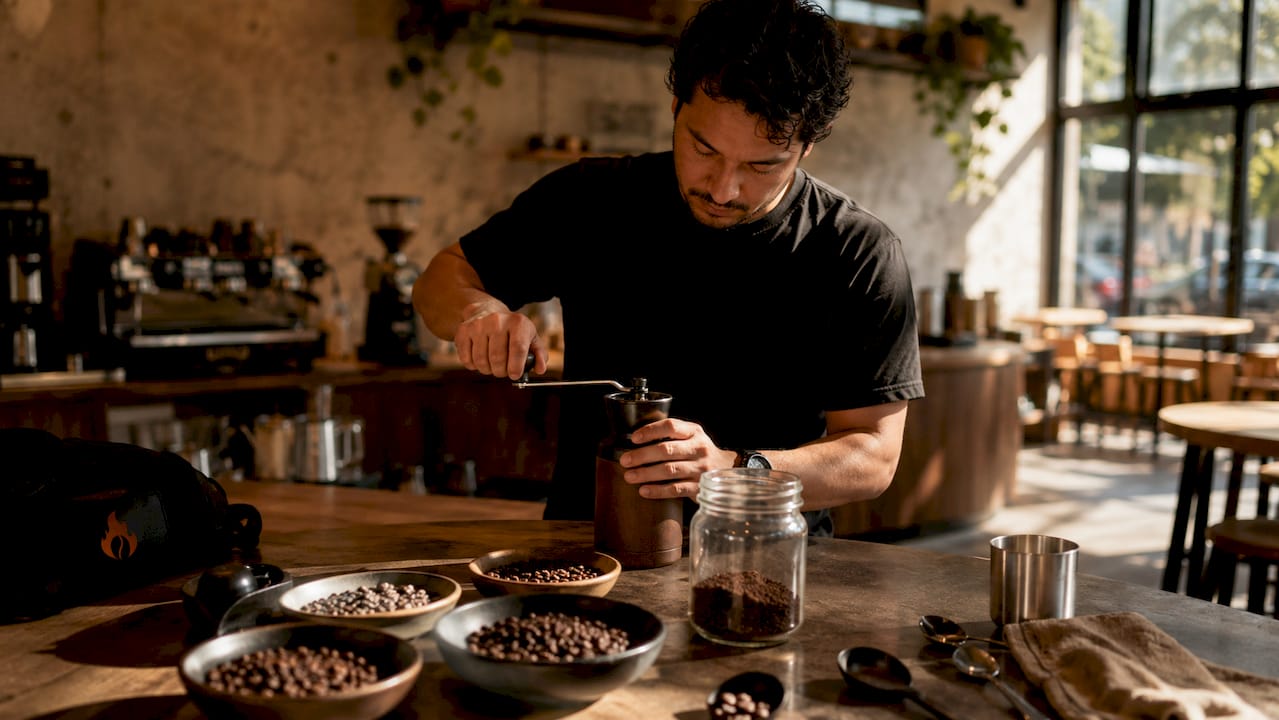 Person grinding coffee beans at home kitchen