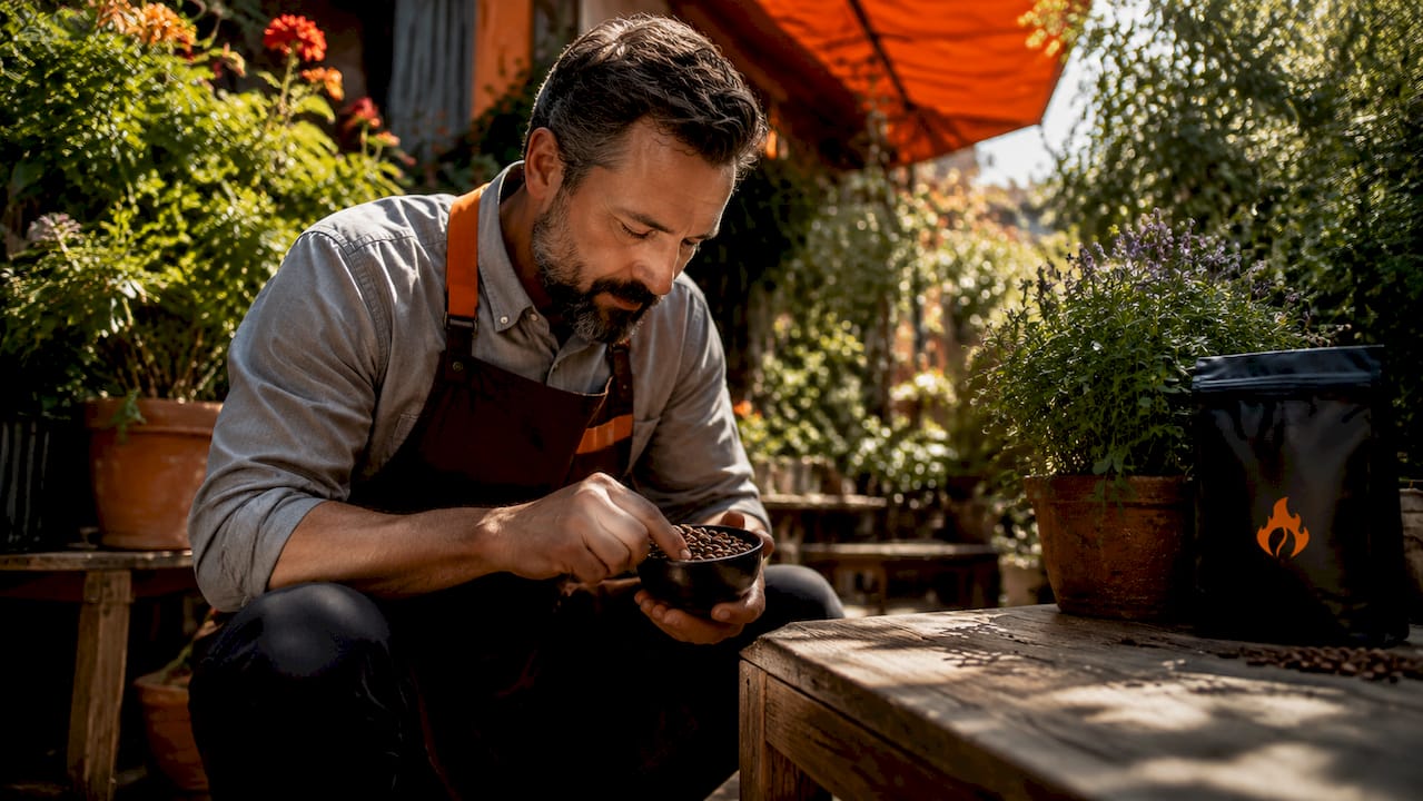 Man examining fresh roasted coffee beans in roastery