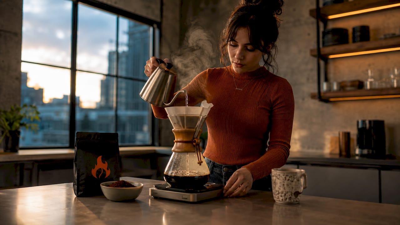 Woman brewing coffee with Chemex in kitchen