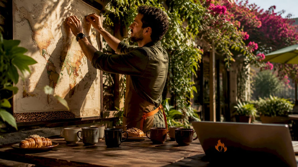Barista arranging coffee origin map display