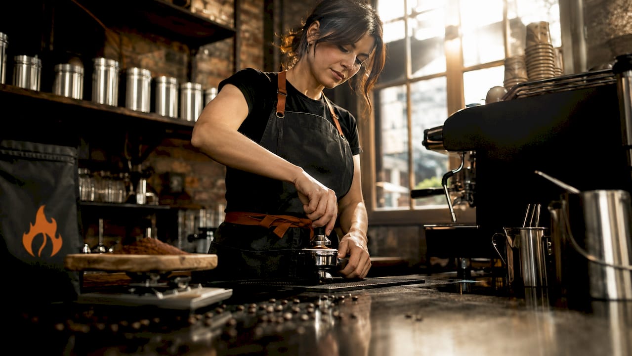Barista tamping medium roast coffee grounds
