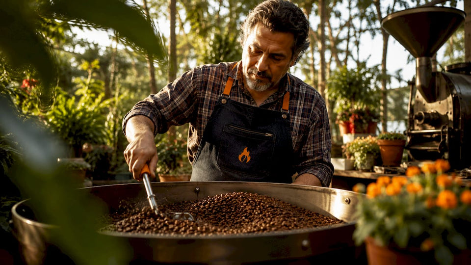Roaster stirring freshly roasted coffee beans in cooling tray