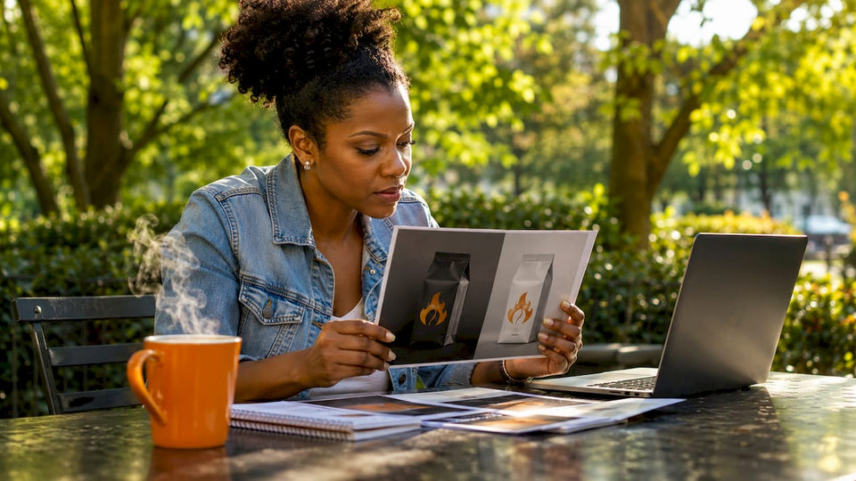 Brand manager reviewing co-branded coffee packaging