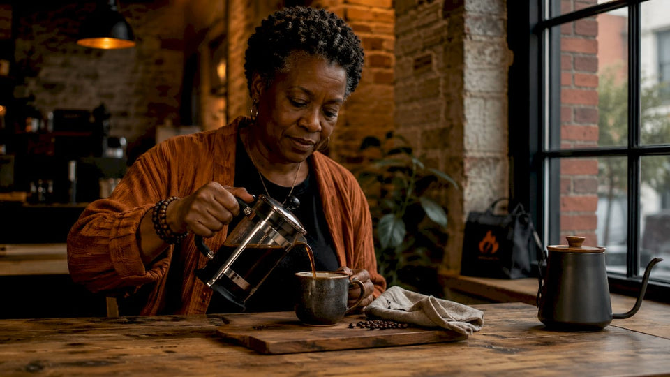 Woman pouring freshly brewed bold coffee in kitchen