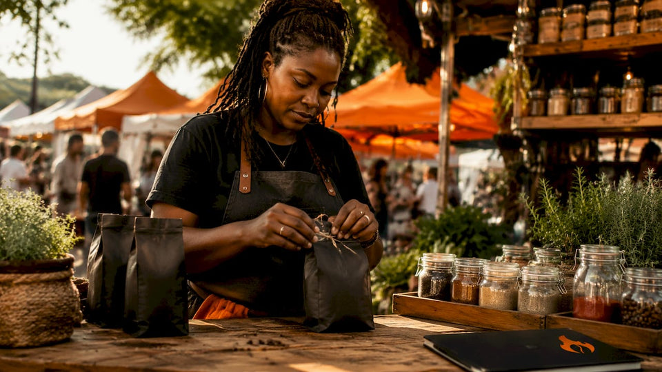 Woman packaging cause coffee bags in shop