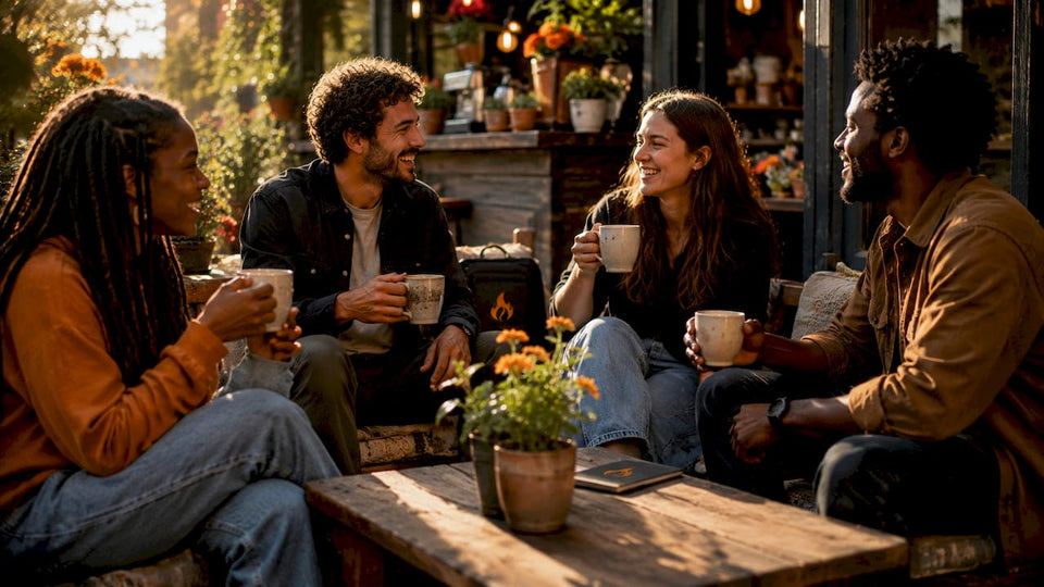 Group of friends sharing coffee and talking