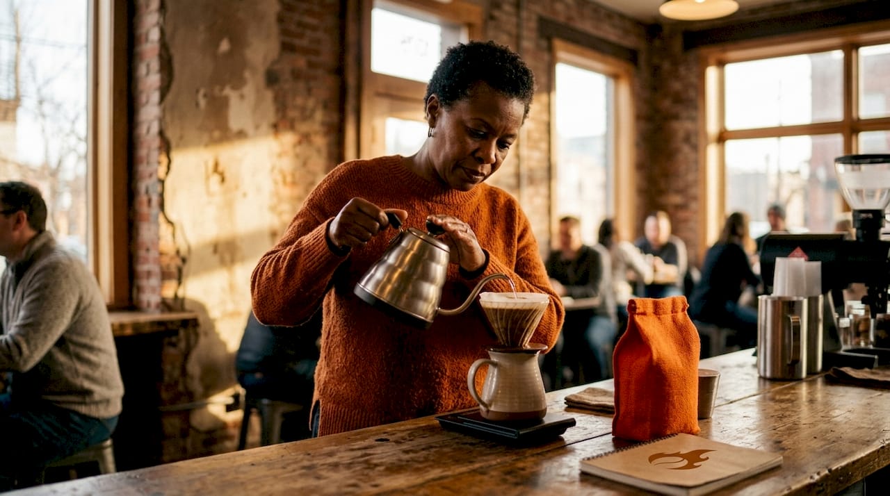 Woman brewing coffee with pour-over at home