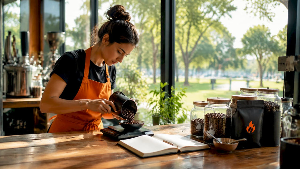 Barista measuring fresh coffee beans