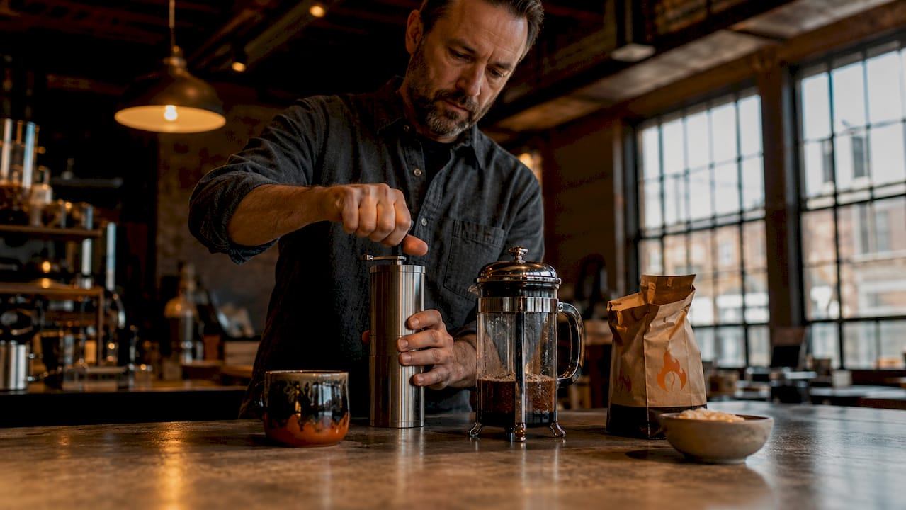 Man brewing bold coffee in home kitchen