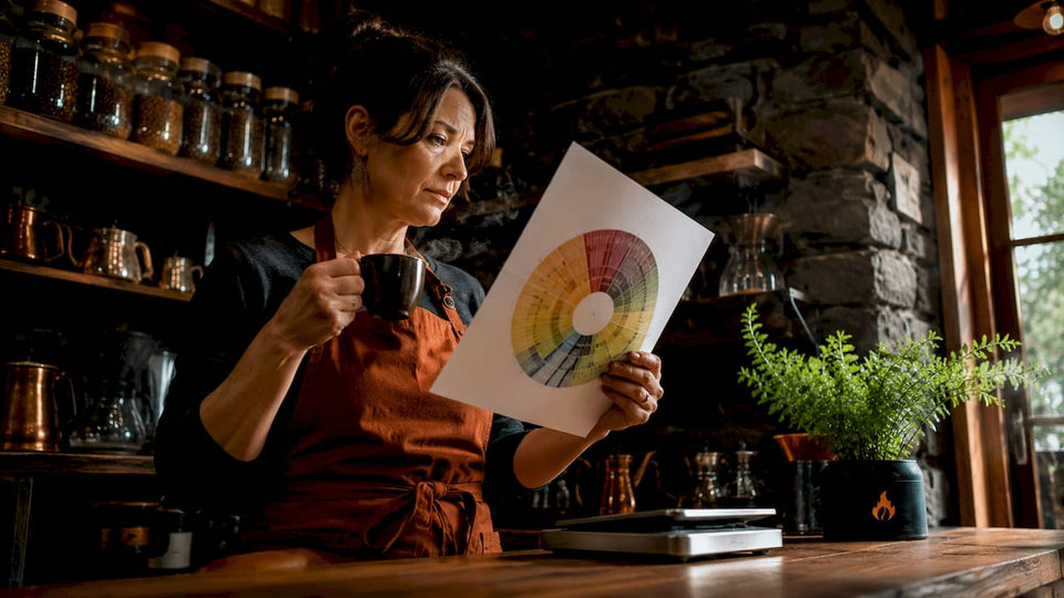 Barista examining coffee flavor wheel with coffee cup