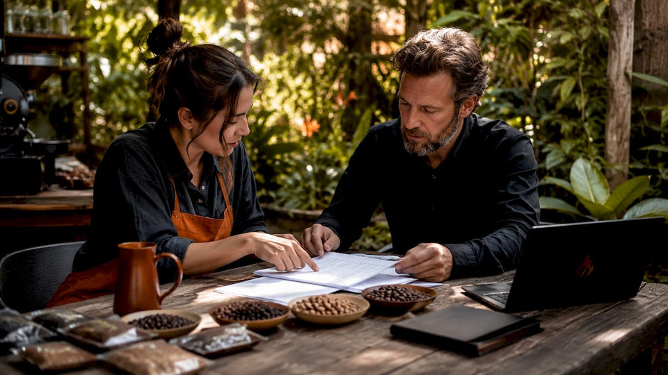 Coffee shop owner and roaster reviewing partnership