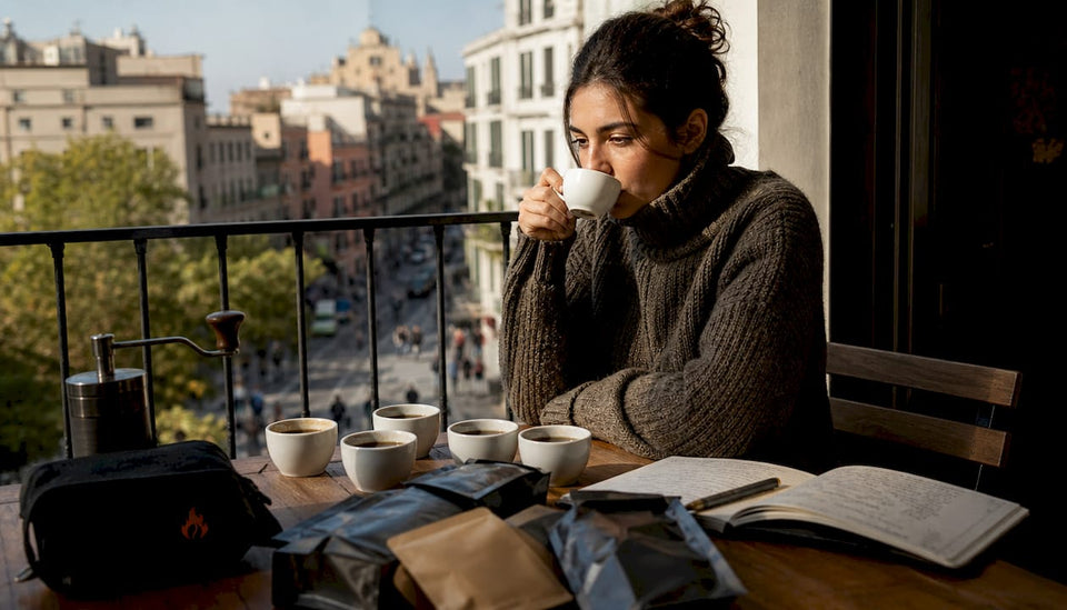 Woman tasting different coffee samples at home