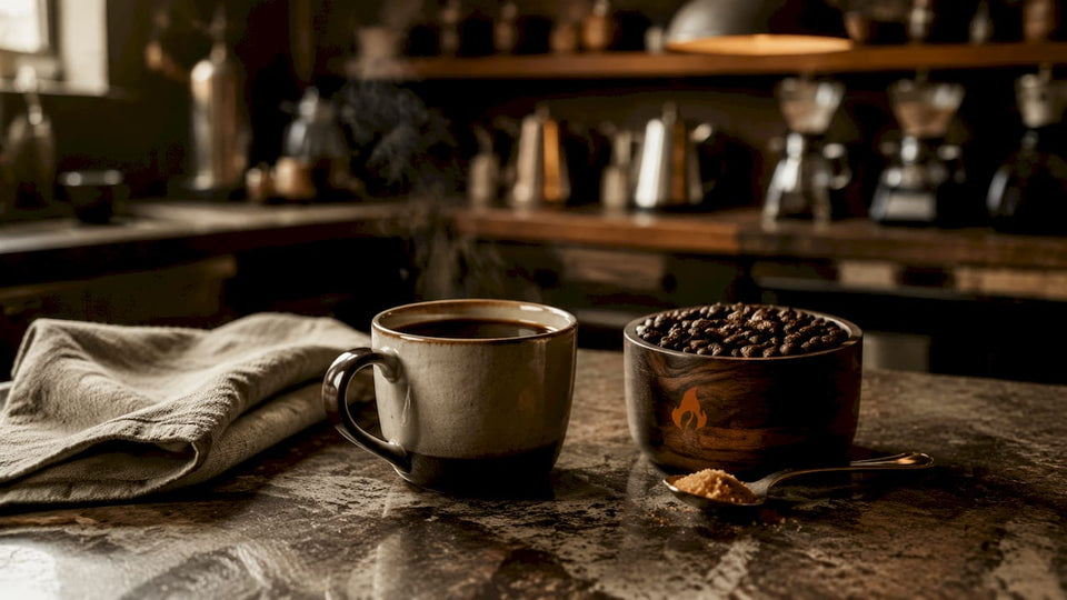 Close-up of evening roast coffee cup with beans