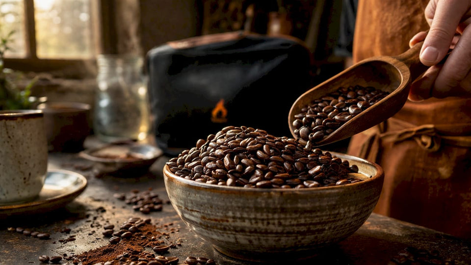 Close-up oily roasted coffee beans in kitchen