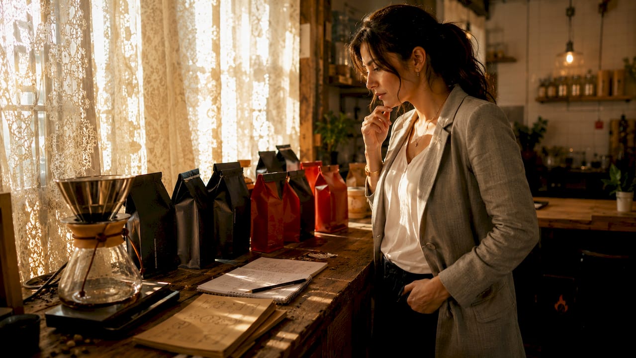 Person examining coffee brand bags at home