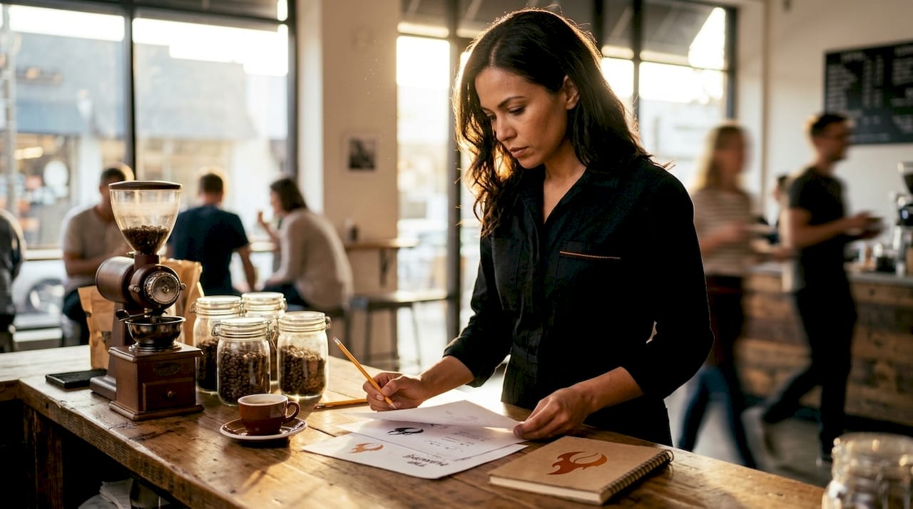 Entrepreneur reviewing coffee brand launch materials