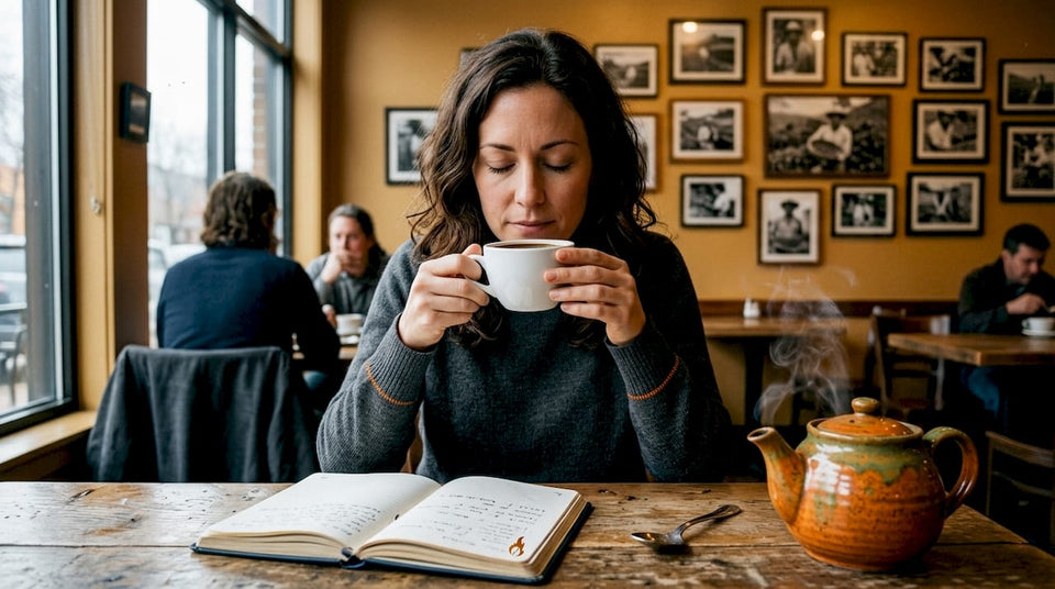 Woman tasting coffee at home table