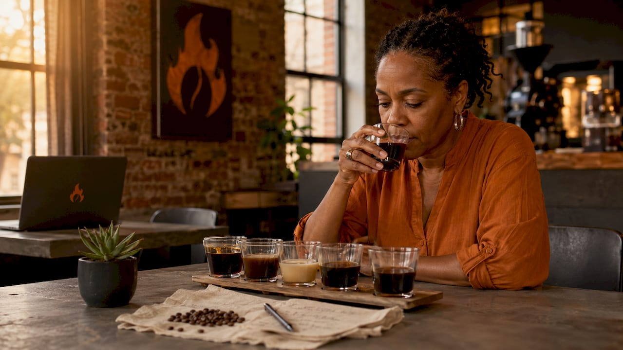 Woman sampling coffee alternative brews at tasting table