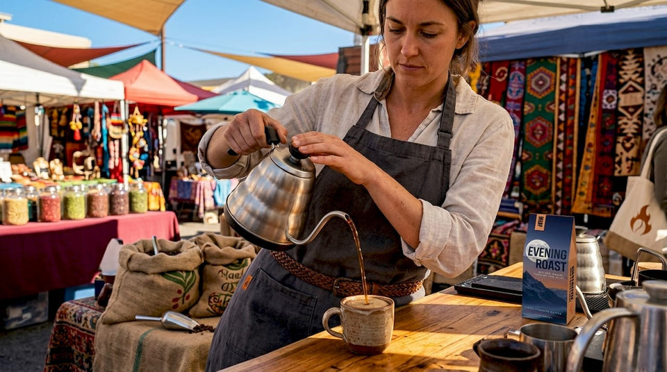 Barista pouring chocolatey coffee in rustic cafe