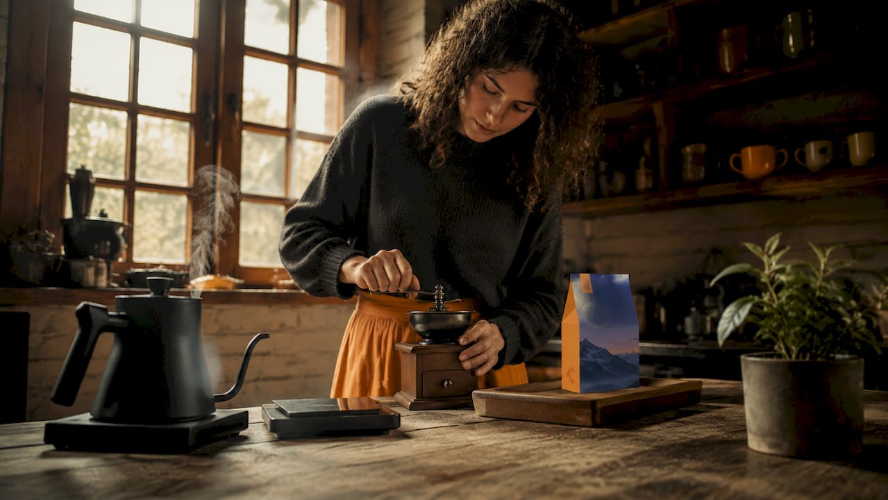 Woman grinding coffee beans at home kitchen
