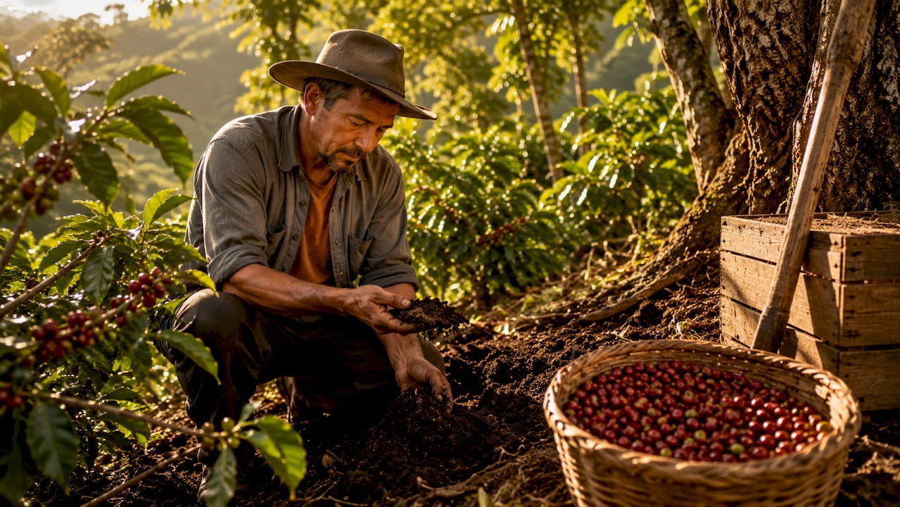 Coffee farmer examining soil with coffee plants