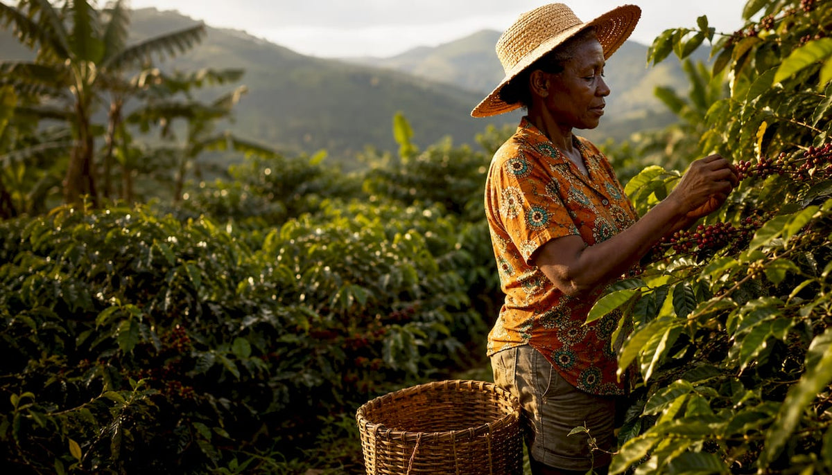 Woman inspecting coffee cherries in plantation