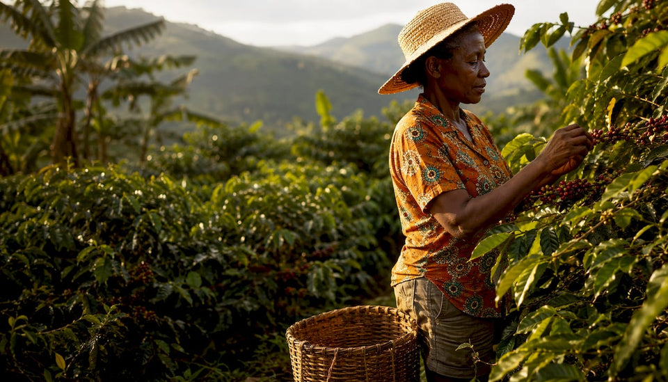 Woman inspecting coffee cherries in plantation