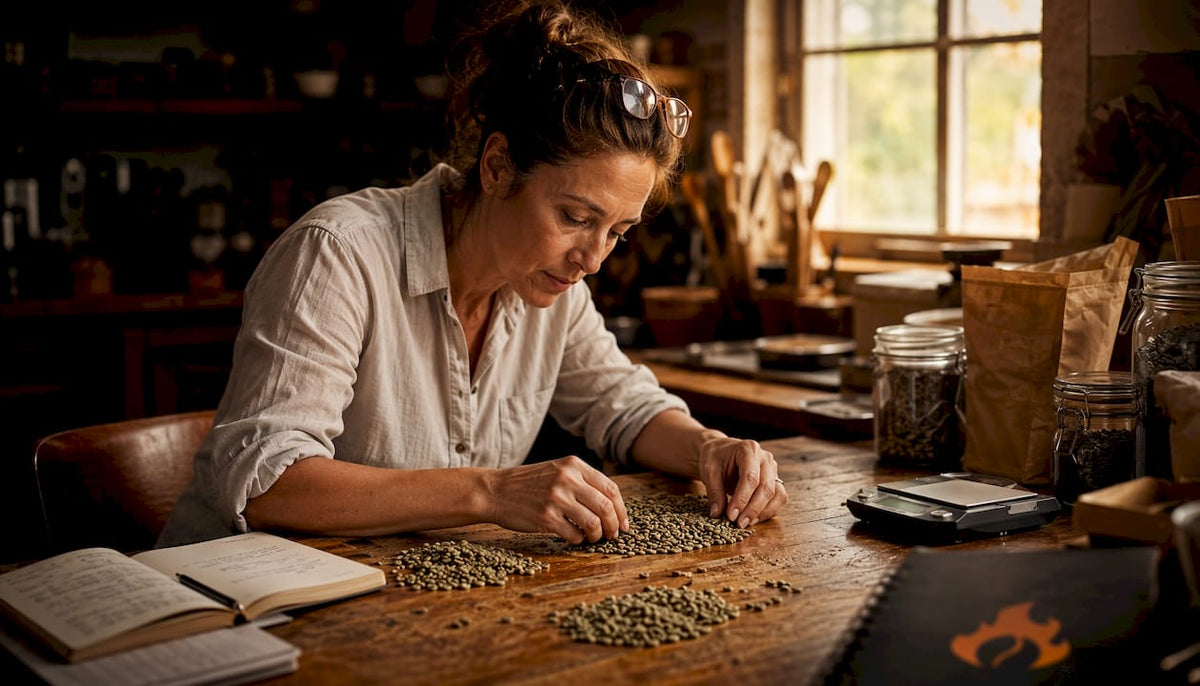 Entrepreneur reviewing coffee beans at workspace