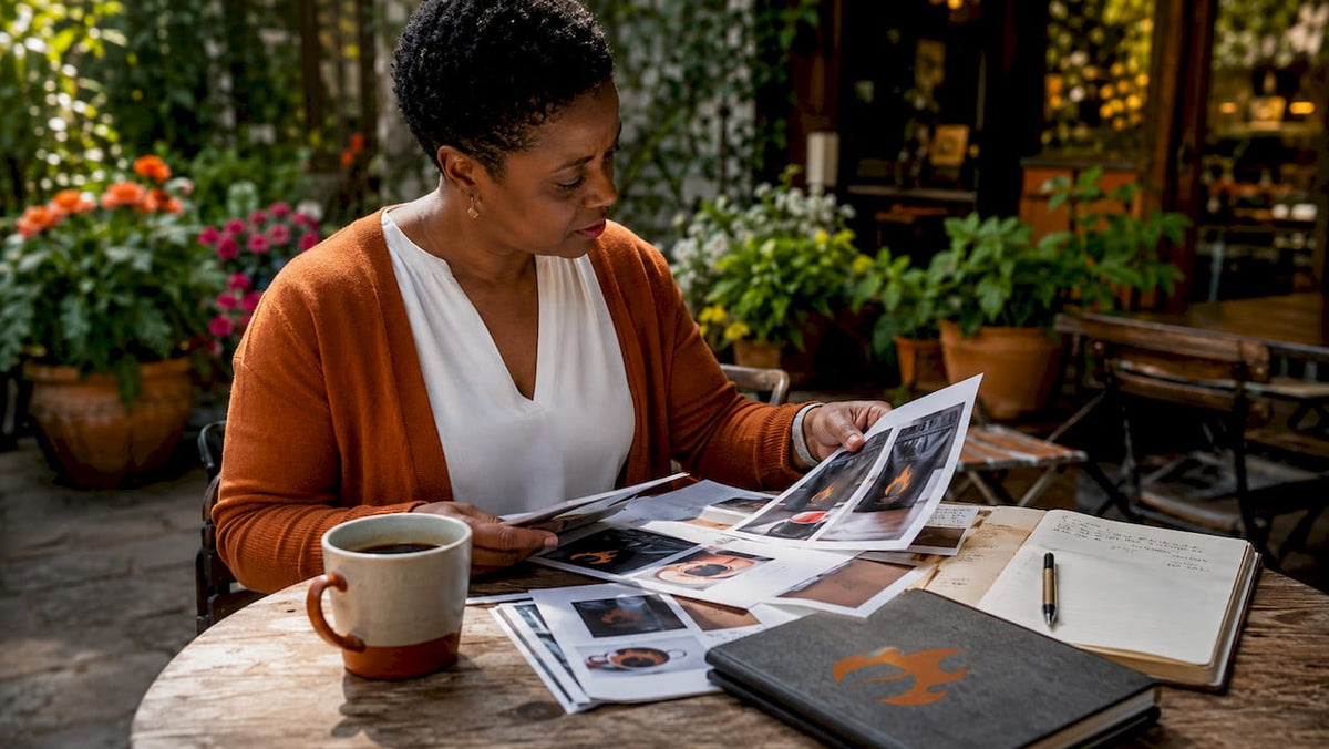 Woman reviewing coffee packaging samples at roastery office