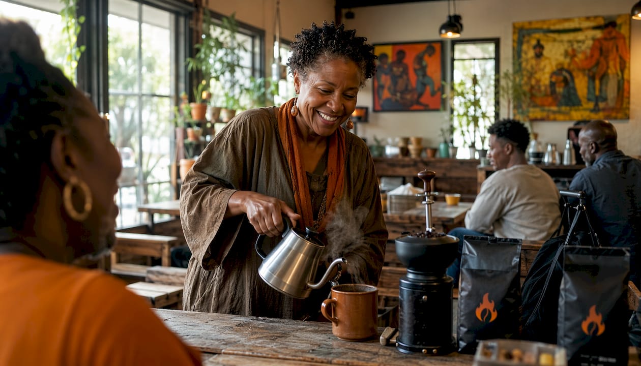 Woman serving branded coffee in church hall