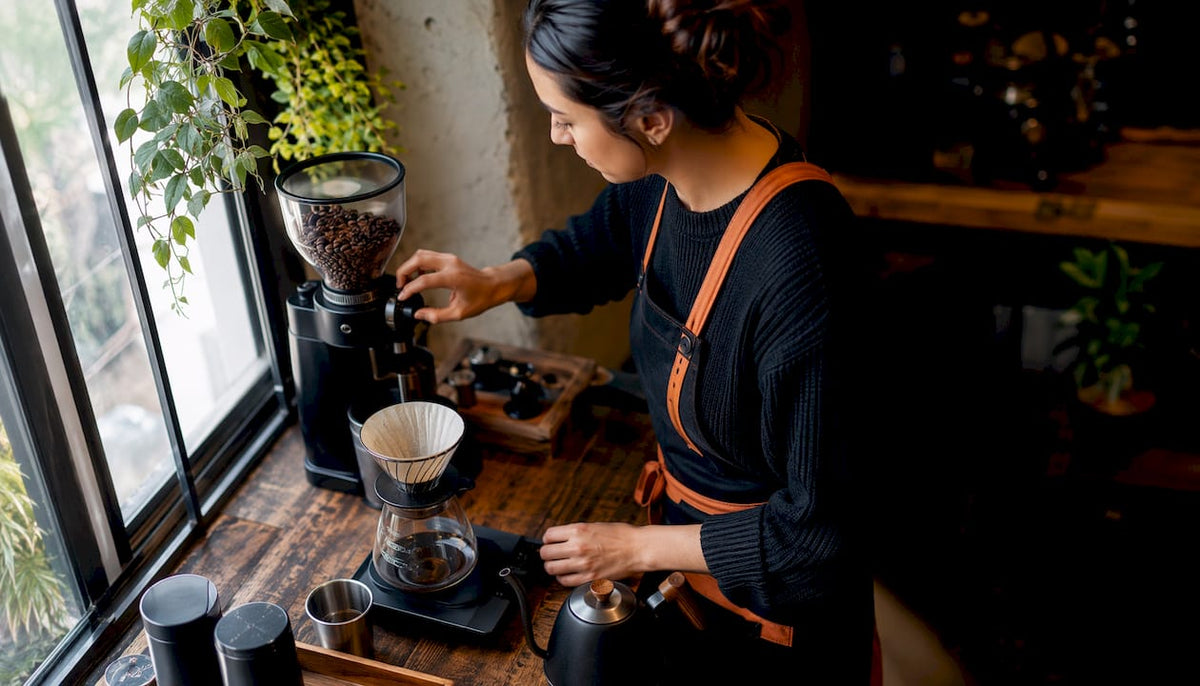 Home barista adjusting coffee grinder