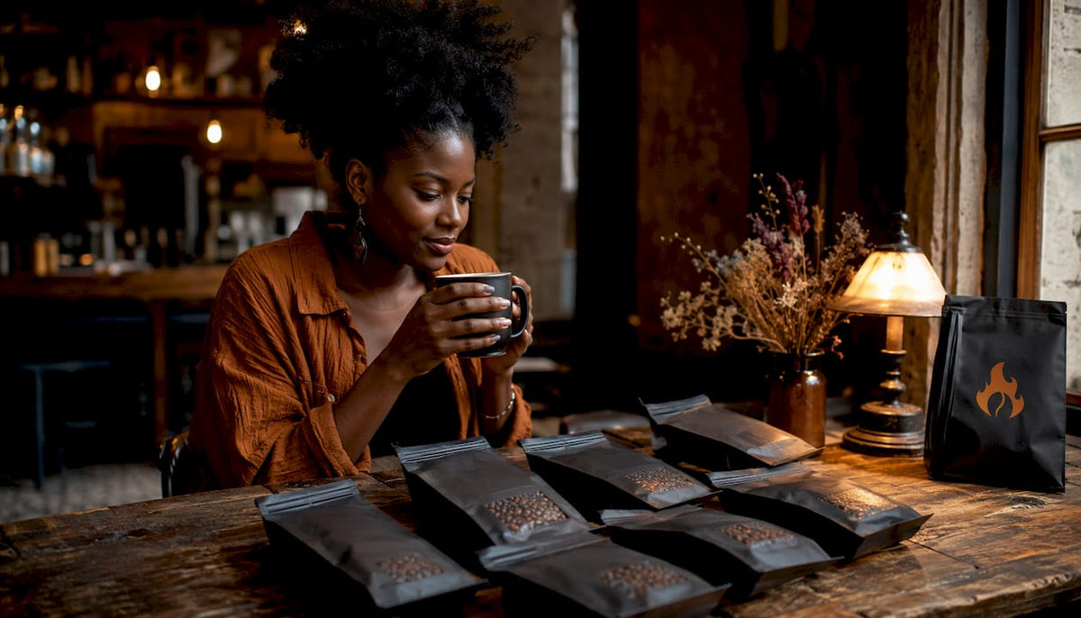 Woman reviewing specialty coffee options at home