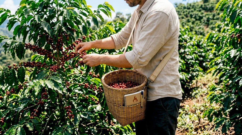 Coffee farmer picking ripe cherries on hillside