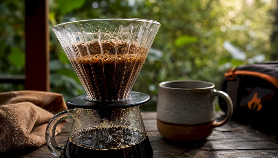 Close-up of coffee bloom bubbles rising in grounds