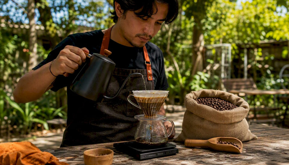 Barista pouring water to bloom coffee grounds