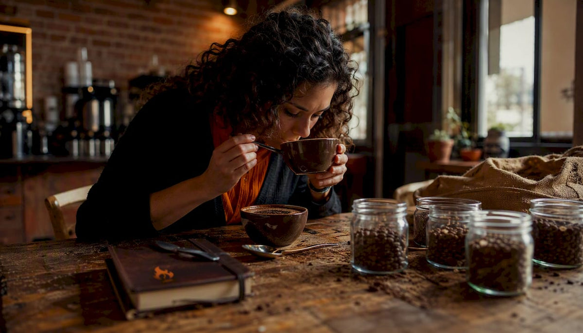 Woman tasting coffee in a cupping session