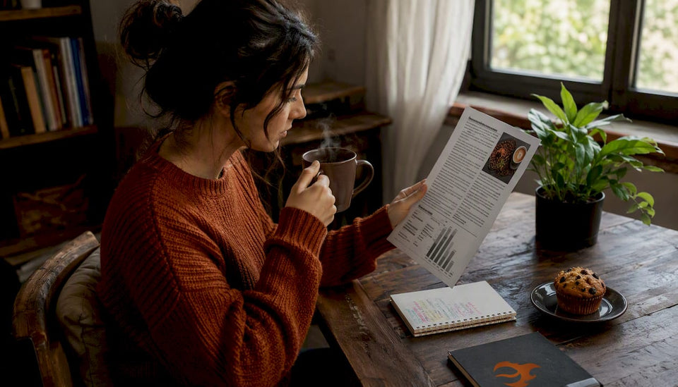 Woman reading about coffee jitters at kitchen table