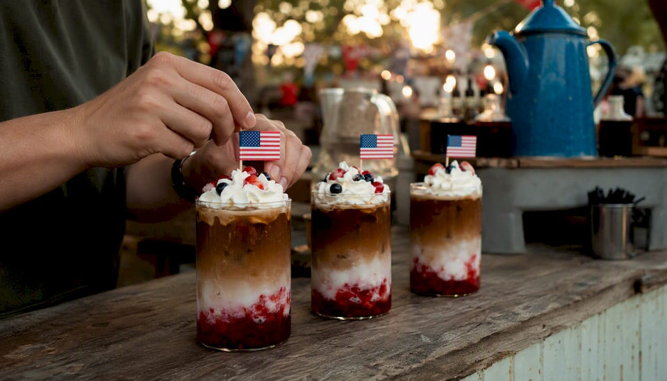 Layered 4th of July coffee drinks in clear glasses