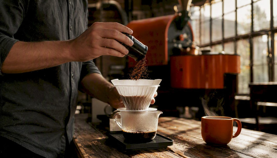 Hands pouring hot water over coffee grounds
