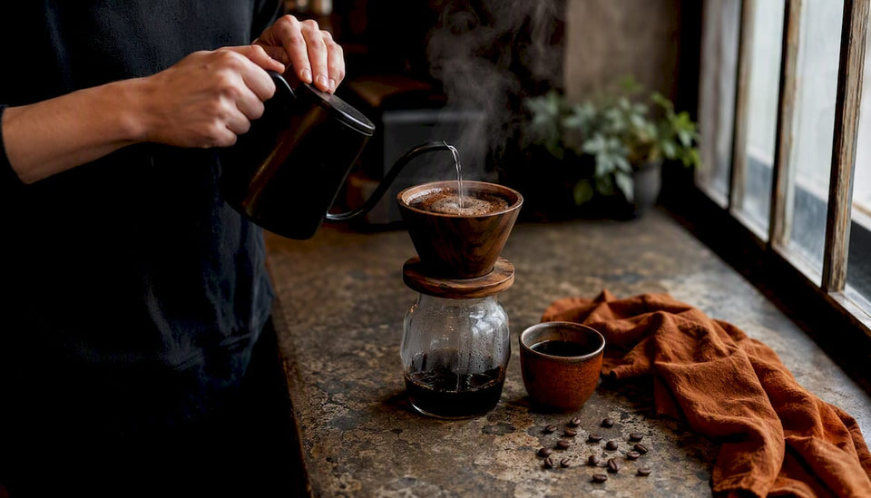Barista pouring coffee emphasizing origin