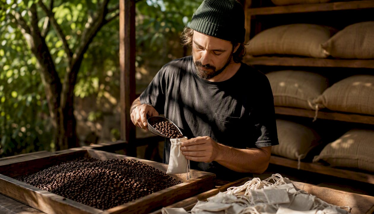 Scooping roasted coffee into tea bags